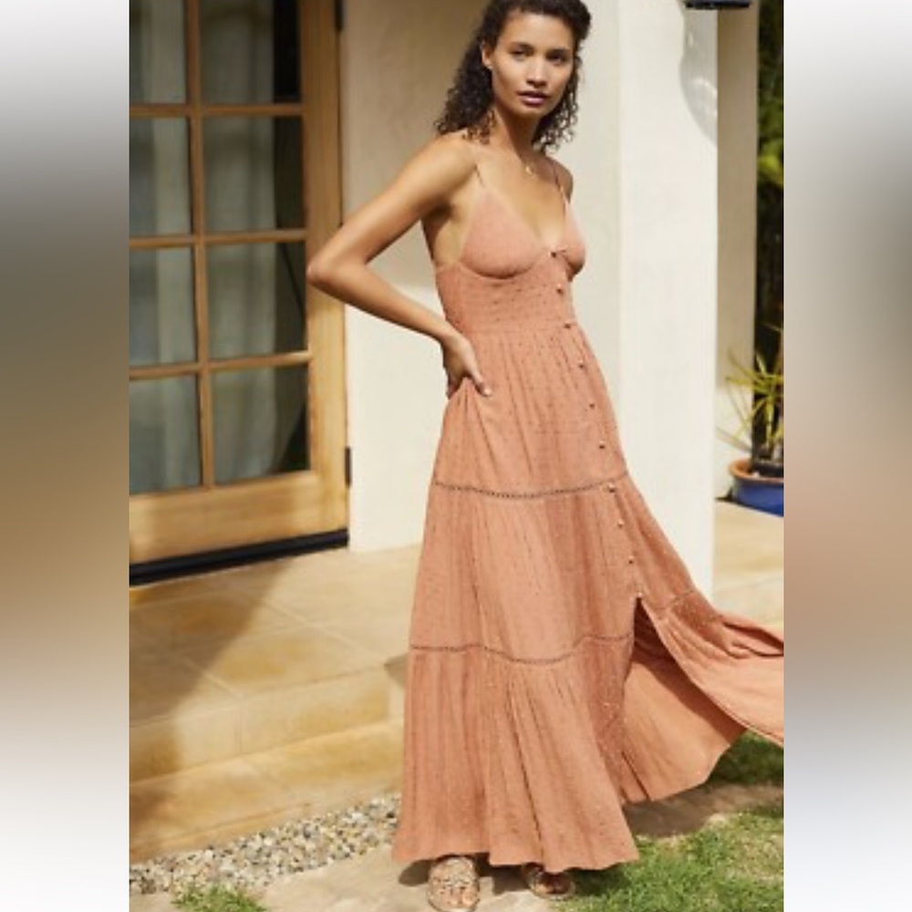 Anthropologie Rusty Peach Tiered Maxi Dress